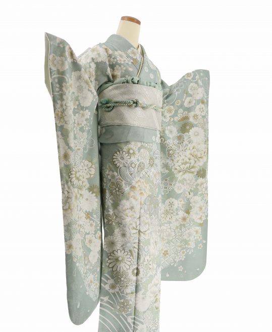 参列振袖[くすみカラー]くすんだミントグリーンに白銀の花と毬[身長166cmまで]No.1102